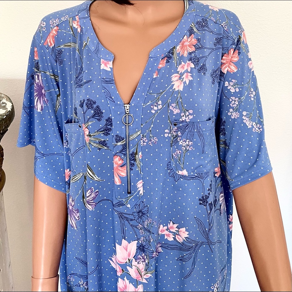 JM Collection 3X Tunic Floral Polka Dot Pockets Designer Fashion Short Sleeves